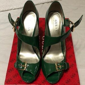 Guess by Marciano Emerald Green Patent Leather Peep-Toe Heels with Gold Buckles